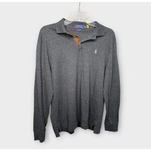Polo Ralph Lauren Mens Medium Classic Fit Long Sleeve Polo Shirt Gray Suede Trim